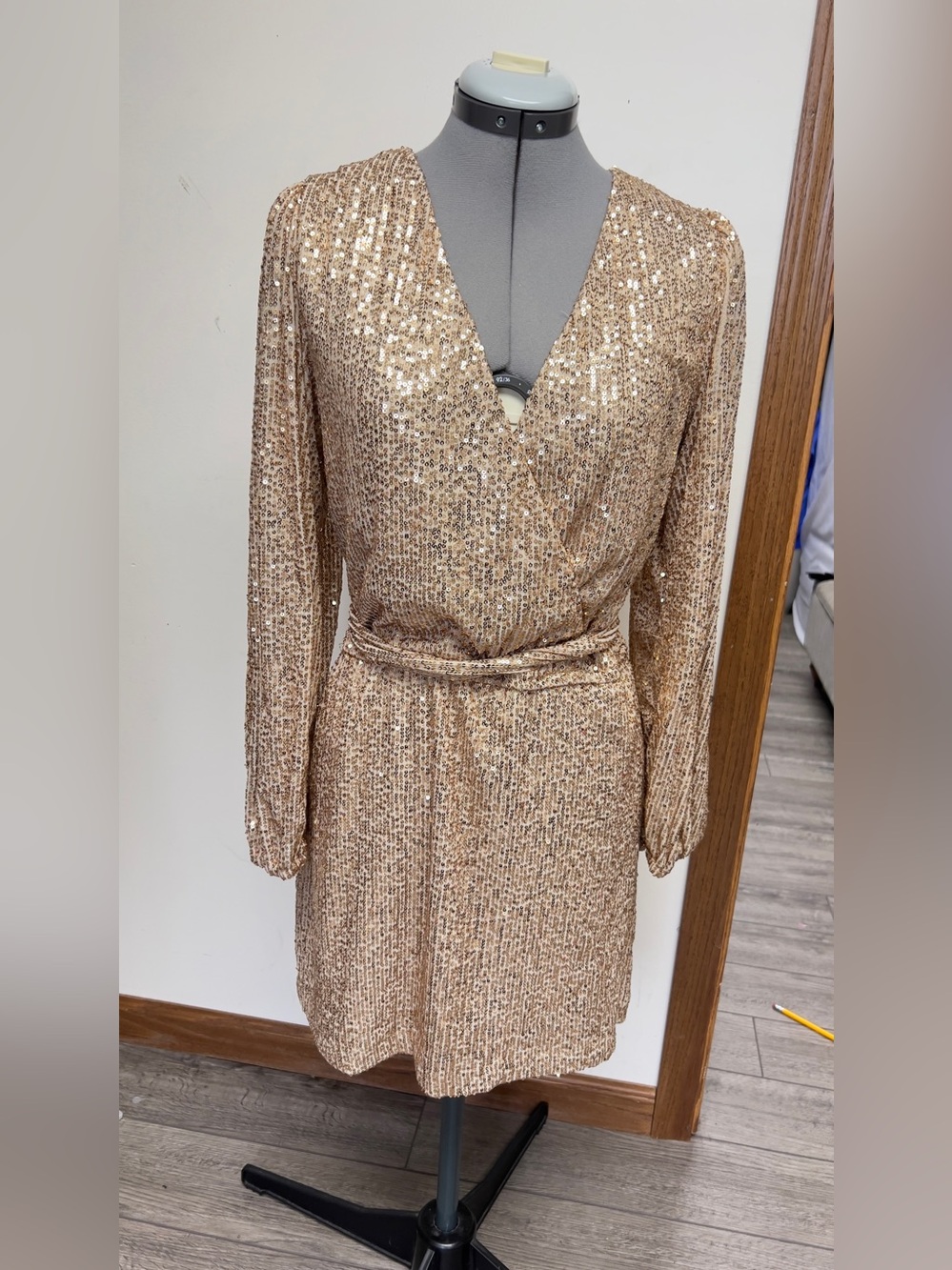 Sequin Wrap-Front Long Sleeve Mini Dress in Champagne